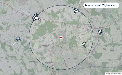 Mapa okolic miasta z sylwetkami samolotów — Niebo nad Zgierzem na żywo