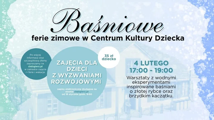 Grafika promocyjna wydarzenia Baśniowe zajęcia dla dzieci z wyzwaniami rozwojowymi – ferie 2026, Zgierz