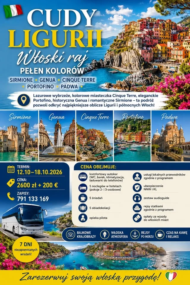 Grafika promocyjna wydarzenia Cudy Ligurii – włoski raj: wycieczka objazdowa