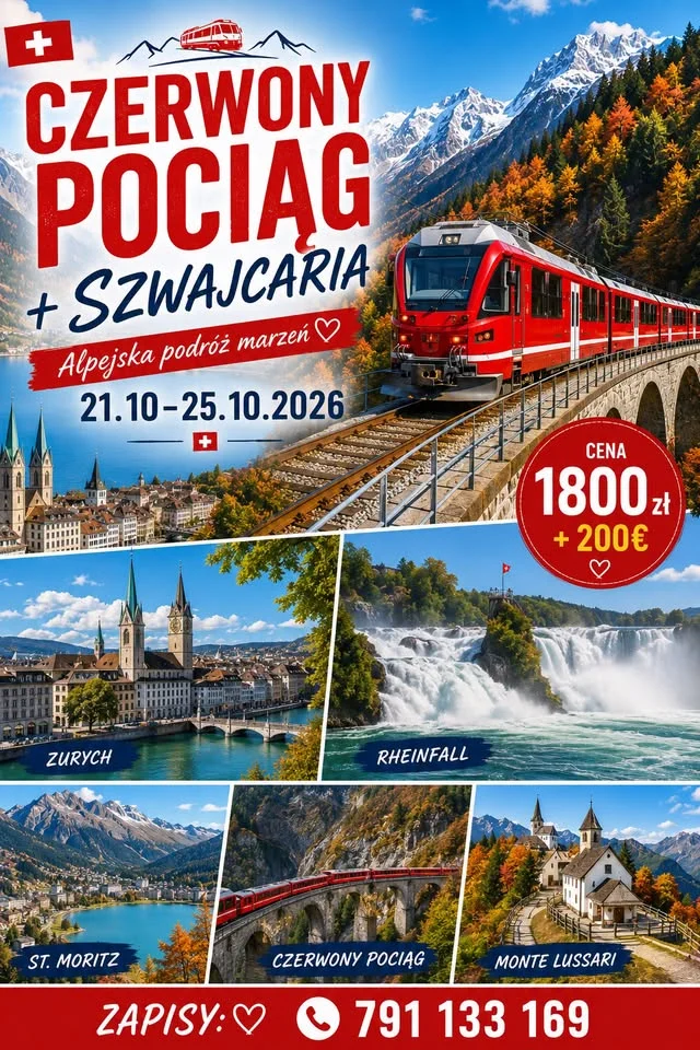 Grafika promocyjna wydarzenia Czerwony Pociąg + Szwajcaria: alpejska podróż