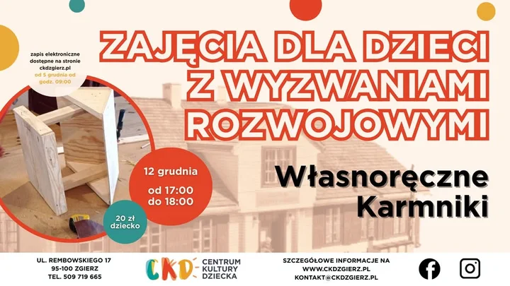 Obrazek przedstawia grafikę promocyjną wydarzenia Warsztaty tworzenia karmników dla dzieci z wyzwaniami rozwojowymi
