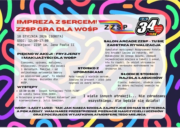 Grafika promocyjna wydarzenia Impreza z sercem ZZSP gra dla WOŚP