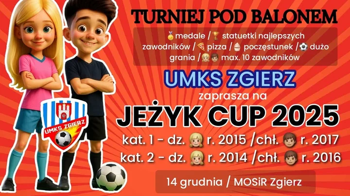 Grafika promocyjna wydarzenia JEŻYK CUP 2025 — turniej młodych piłkarzy w Zgierzu