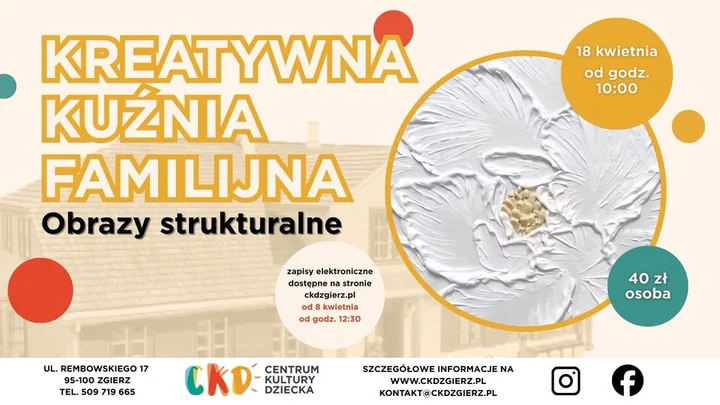 Grafika promocyjna wydarzenia Kreatywna Kuźnia Familijna: Obrazy strukturalne — warsztat tworzenia past i faktur na płótnie