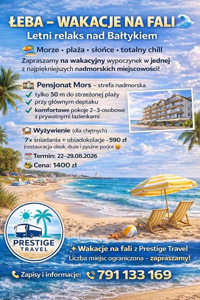 Grafika promocyjna wydarzenia Łeba – Wakacje na Fali (22–29 sierpnia 2026)
