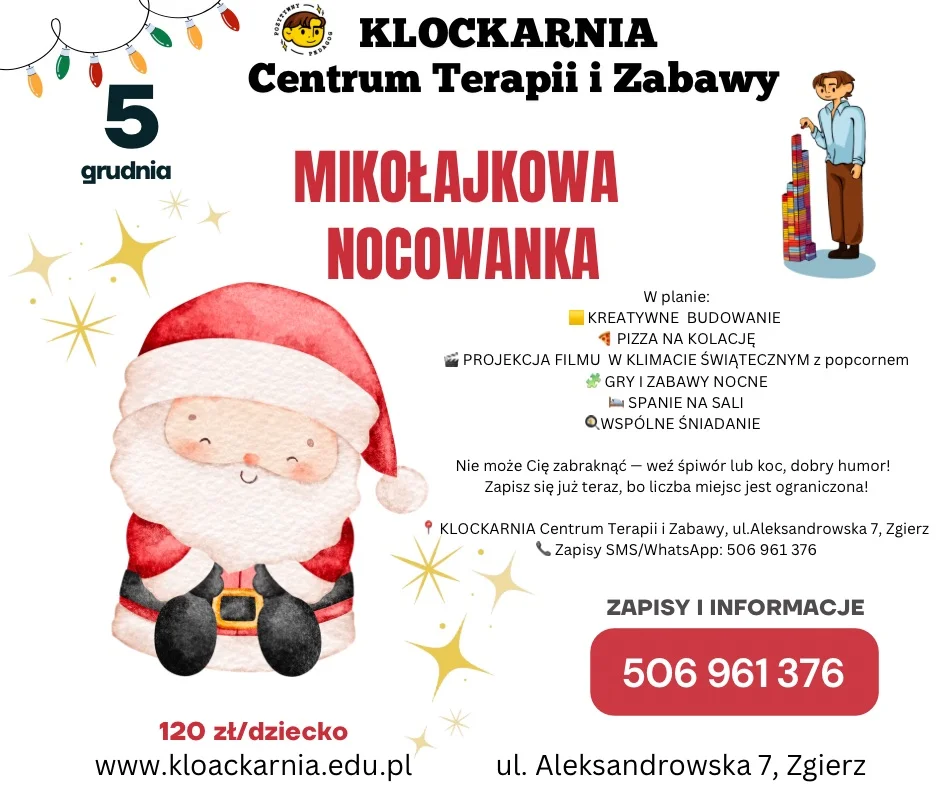 Grafika promocyjna wydarzenia Mikołajkowa nocowanka w KLOCKARNIA — noc zabawy i świątecznych atrakcji