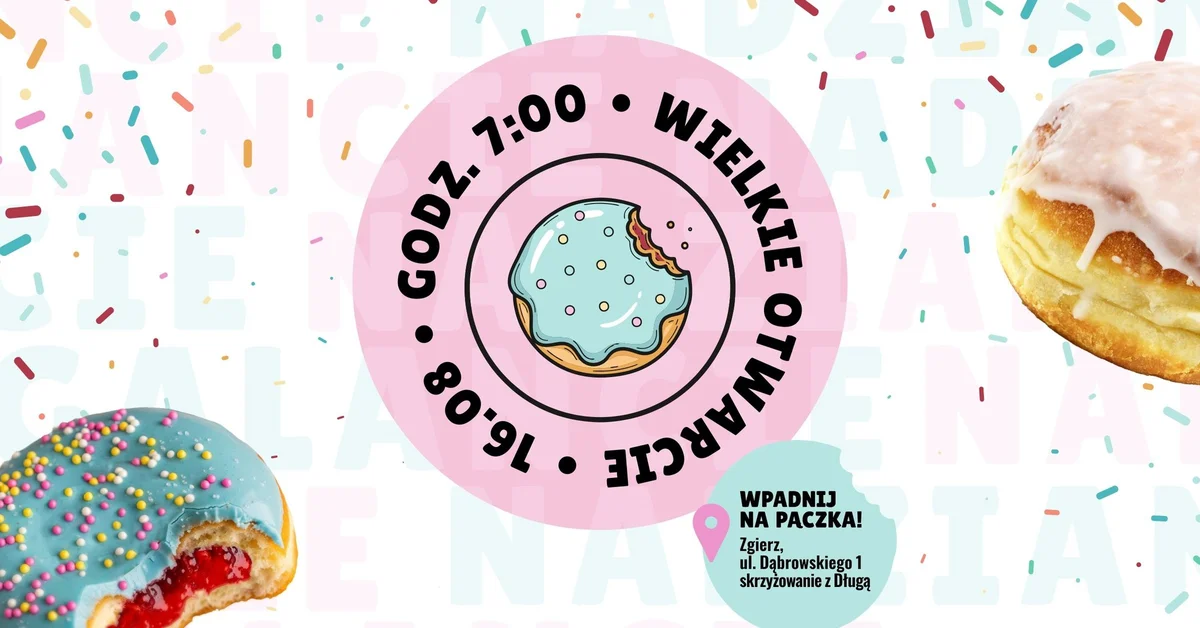 Grafika promocyjna wydarzenia Otwarcie nowej pączkarni w Zgierzu