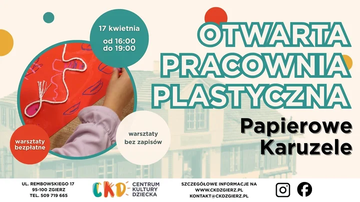 Grafika promocyjna wydarzenia Otwarta Pracownia Plastyczna: papierowe karuzele — zrób karuzelę z kubeczka