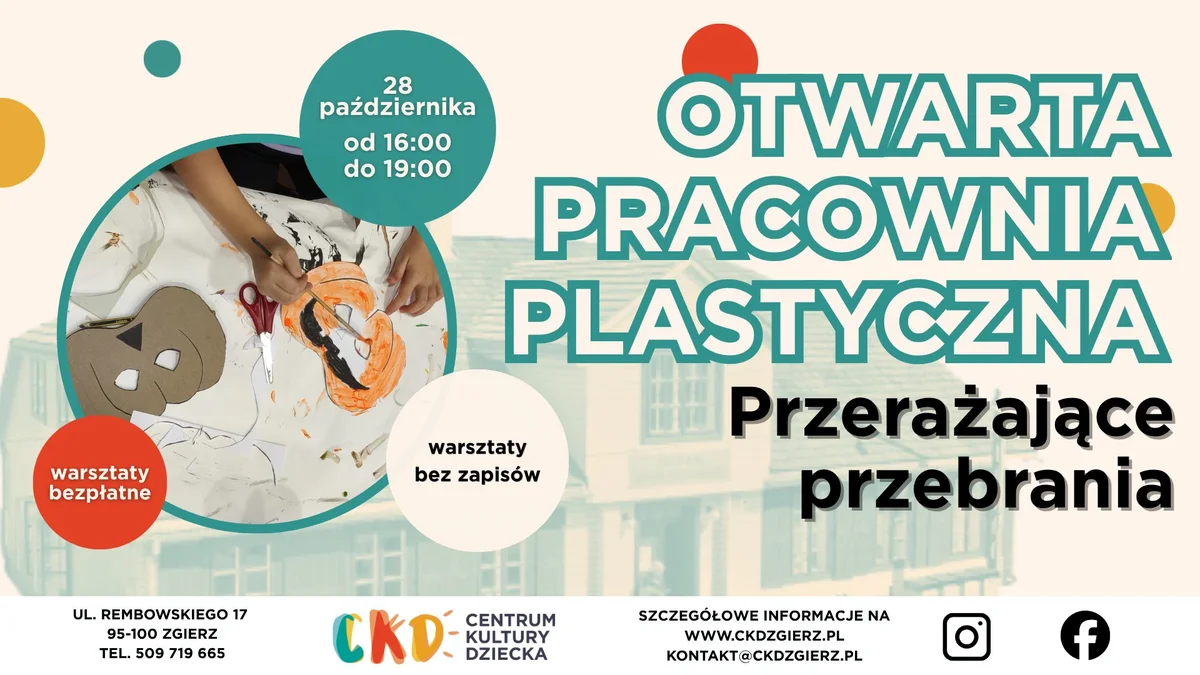 Grafika promocyjna wydarzenia Otwarta Pracownia Plastyczna: Przerażające przebrania – warsztaty rodzinne