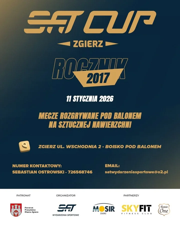 Grafika promocyjna wydarzenia SAT CUP Zgierz 2026 — niedzielny turniej młodzieżowy w Zgierzu