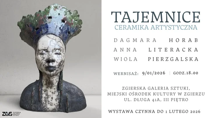 Grafika promocyjna wydarzenia TAJEMNICE — wystawa ceramiki artystycznej w Zgierskiej Galerii Sztuki