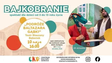 Grafika promocyjna wydarzenia Bajkobranie „Podróże Baltazara Gąbki” — Teatr Blaszany Bębenek w Zgierzu