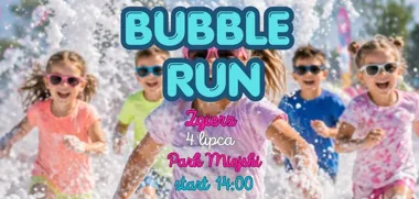 Grafika promocyjna wydarzenia Bubble Run – bieg w pianie dla dzieci w Zgierzu. Wstęp bezpłatny