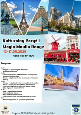 Grafika promocyjna wydarzenia Kulturalny Paryż i magia Moulin Rouge — wycieczka 13–17 maja 2026