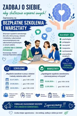 Grafika promocyjna wydarzenia Warsztaty: Zapobieganie wypaleniu zawodowemu i pierwsza pomoc w kryzysie w Zgierzu