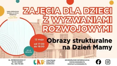 Grafika promocyjna wydarzenia Obrazy strukturalne na Dzień Mamy – zajęcia dla dzieci z wyzwaniami rozwojowymi w Zgierzu