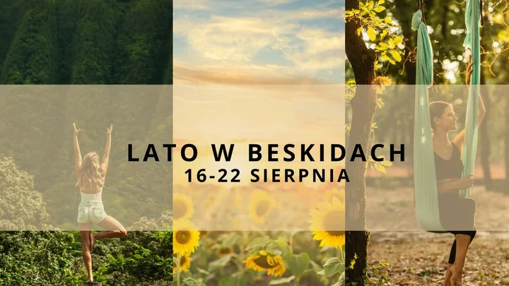 Grafika promocyjna wydarzenia W Buczynowym Lesie — Joga, co spokój niesie: tydzień praktyki i odpoczynku w Buczynowej Dolinie