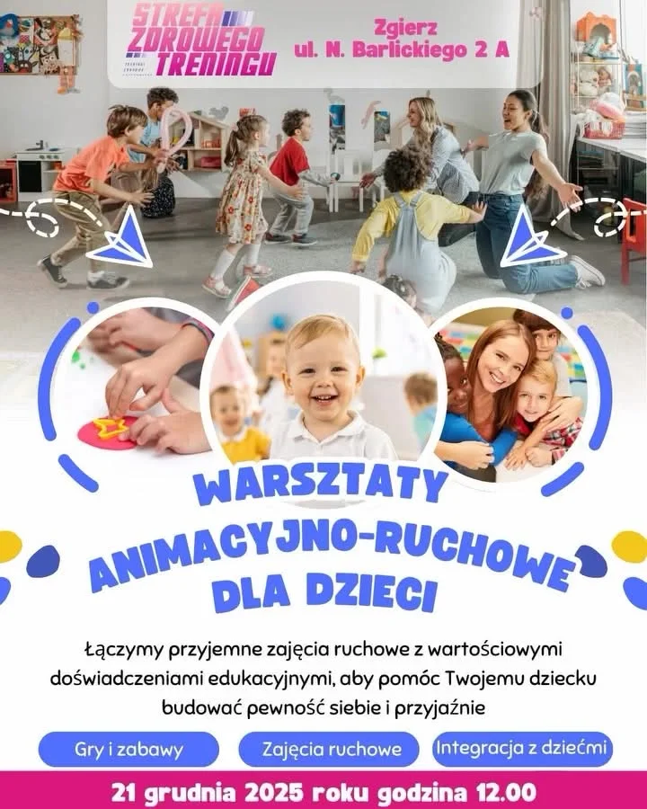 Grafika promocyjna wydarzenia Warsztaty animacyjno-ruchowe dla dzieci – Strefa Zdrowego Treningu (Zgierz)