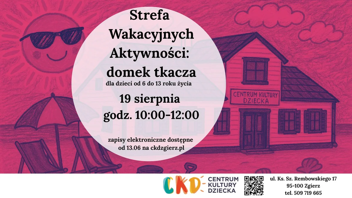 Grafika promocyjna wydarzenia Warsztaty tworzenia domu tkackiego dla dzieci podczas wakacji 2025