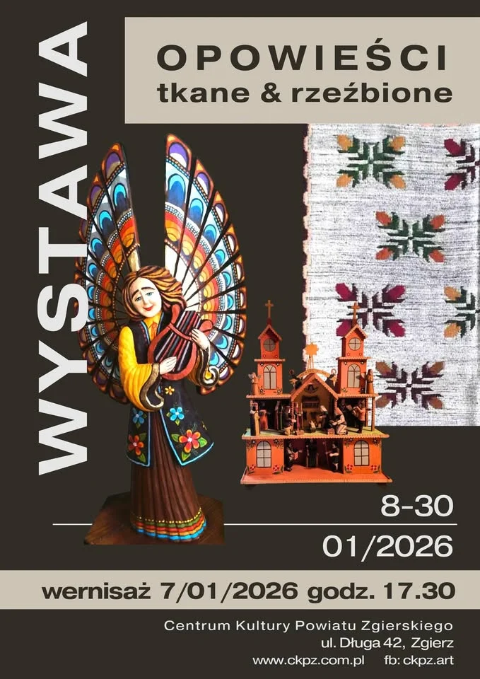 Grafika promocyjna wydarzenia Wernisaż Opowieści tkane & rzeźbione — kilimy i rzeźby w Zgierzu