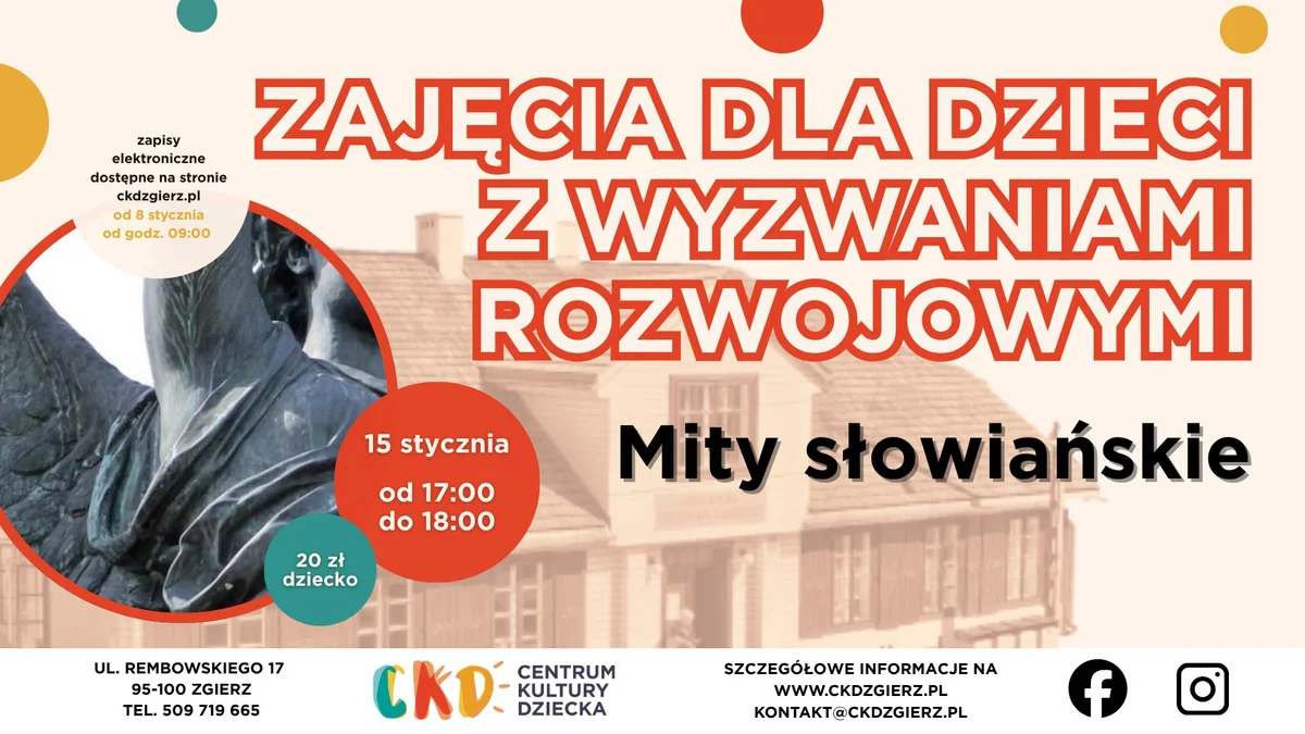 Grafika promocyjna wydarzenia Mity słowiańskie – zajęcia dla dzieci