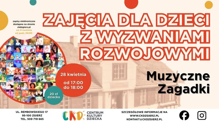 Grafika promocyjna wydarzenia Zajęcia dla dzieci z wyzwaniami rozwojowymi: Muzyczne zagadki