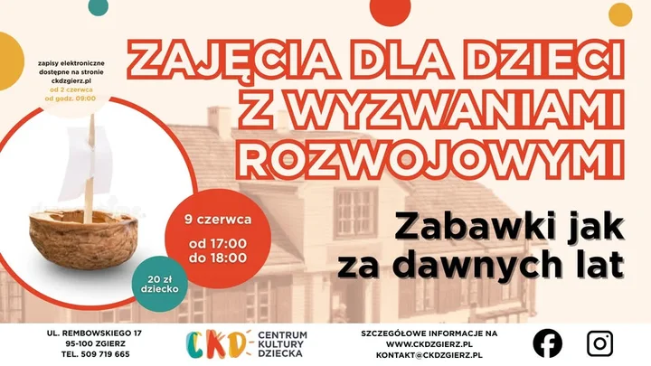Grafika promocyjna wydarzenia Zabawki jak za dawnych lat — zajęcia dla dzieci z wyzwaniami rozwojowymi