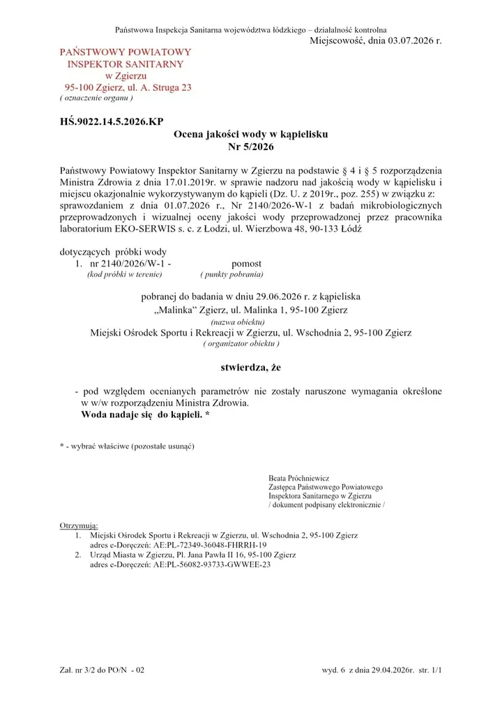 Malinka znów z dobrym wynikiem. Woda ponownie przeszła badanie bez zastrzeżeń